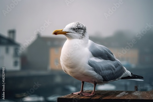Portrait of a seagull against a foggy sky. A close up of a white seagull perched on a wooden perch. Seagull in the wild, with a natural blue background. Generative AI