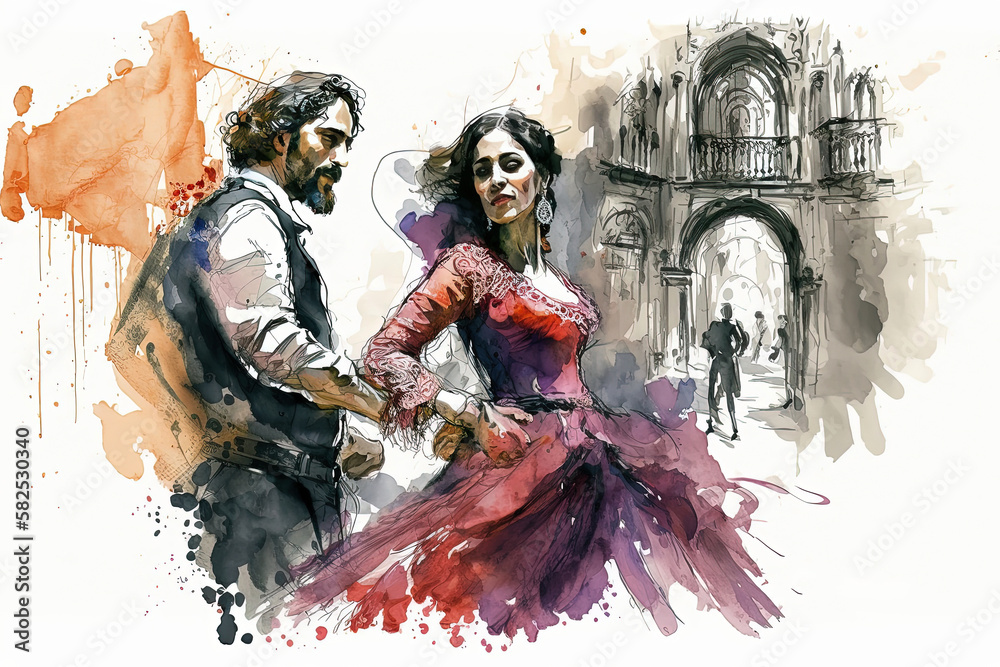 Fototapeta premium Generative AI illustration of Young couple dancing on the street