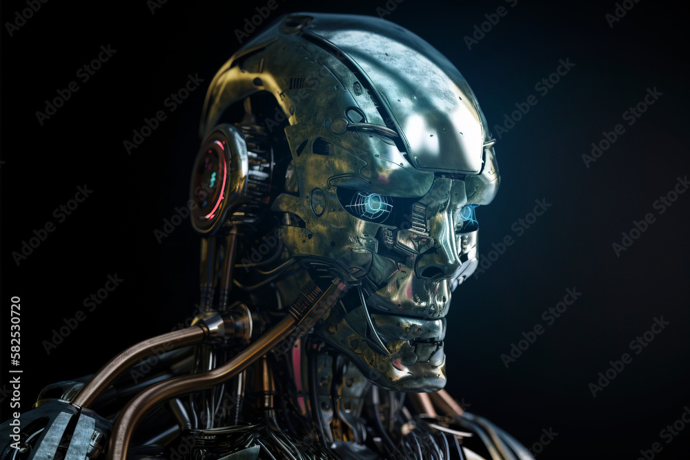 Metallic cyborg head on black background. Digitally generated AI image Metallic cyborg head on black background. Digitally generated AI image