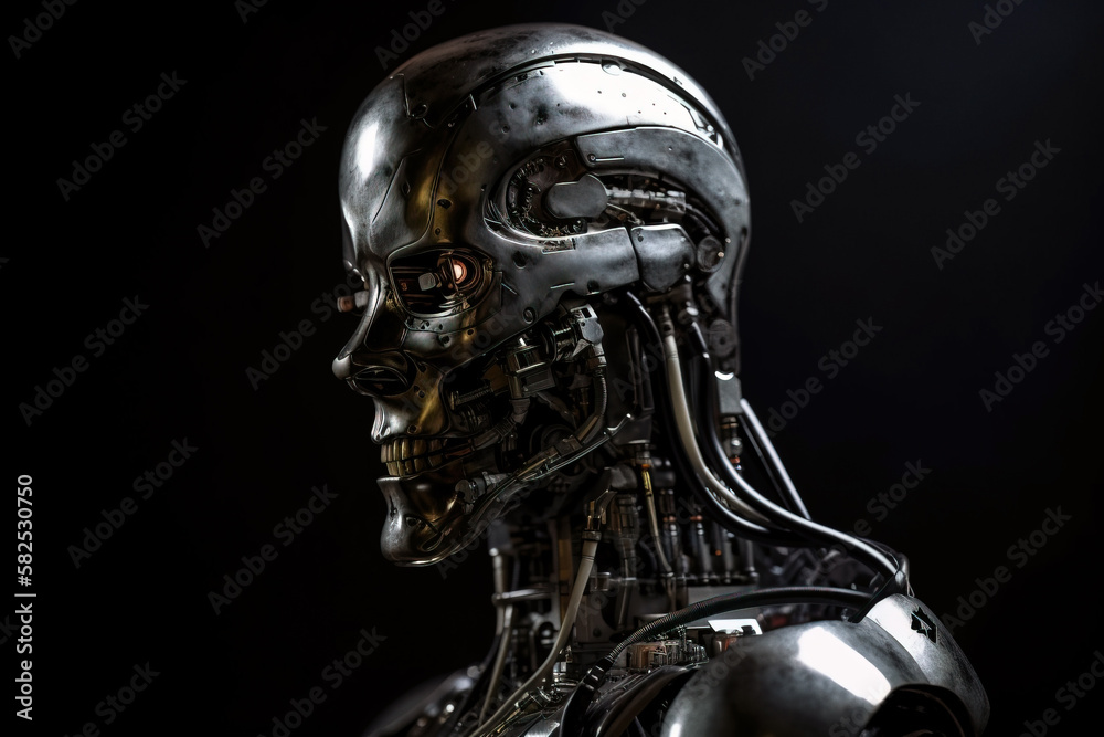 Metallic cyborg head on black background. Digitally generated AI image Metallic cyborg head on black background. Digitally generated AI image
