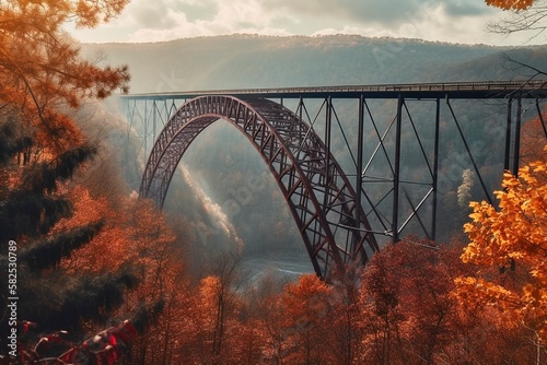 New River Gorge Bridge in West Virginia: Mountains and Forest Surrounding, Generative AI