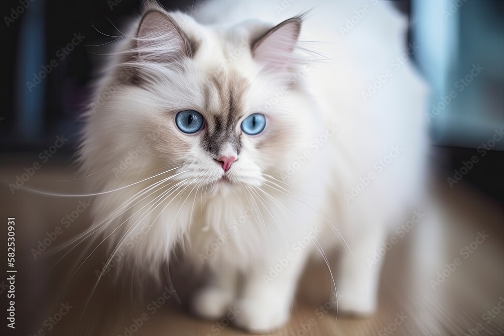 Beautiful fluffy white ragdoll cat standing on the floor in a brightly lit environment with blue eyes. Beautiful purebred feline pet outside with blurred background. Generative AI