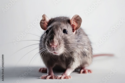 Adorable rat dumbo against a blank white backdrop. Pet at home. space for copying. Generative AI
