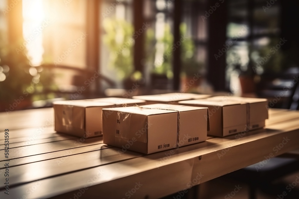 Closeup Delivery Box and Parcel on Table for Online Shopping and Commerce Closeup Delivery Box and Parcel on Table for Online Shopping and Commerce