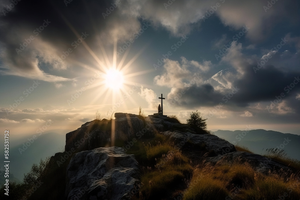 Big Christ cross on the top of the cliff at sunset with lens flare in the sky. Digitally generated AI image