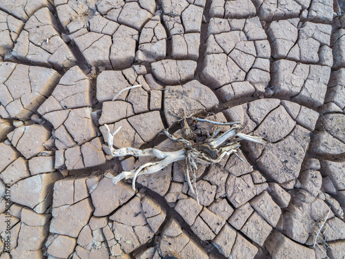 Dried and Cracked mud bottom in Lake Mead area near Las Vegas. Shot in March 2023