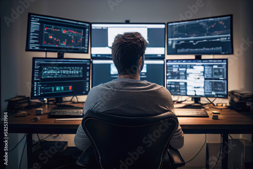 Stock trader from behind sitting in front of his multi screen setup. Generative AI photo