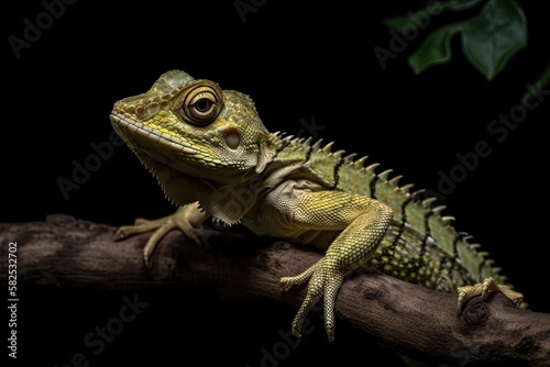 Front view of Gonocephalus doriae on a branch with a black background  animal closeup. Generative AI