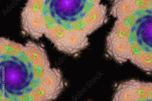 Orange multi-colored swirls of crooked waves on a black background. Abstract fractal 3D rendering