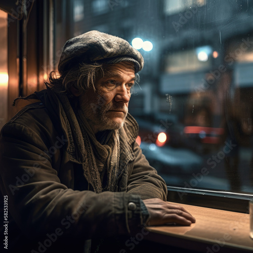 Generative AI - A homeless man looking out a window at night time in a city at night time with a hat on, a character portrait