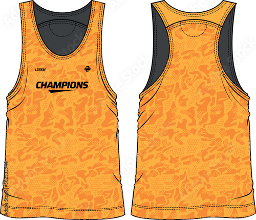 Camouflage Sleeveless Tank Top Basketball jersey vest design flat sketch illustration template, sports jersey concept with front and back view for Men and women Volleyball jersey and badminton kit