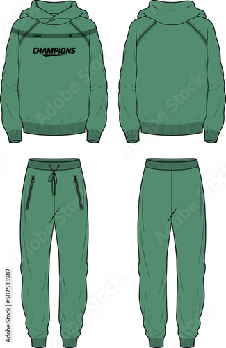 Long sleeve Hoodie jacket sweatshirt with jogger bottom design flat sketch Illustration, Hooded jacket with sweater pant front and back view, hooded winter jacket for Men and women. Winter outerwear