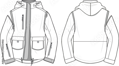 Men's Modular Jacket. Technical fashion illustration. Front and back, white color. Men's CAD mock-up.