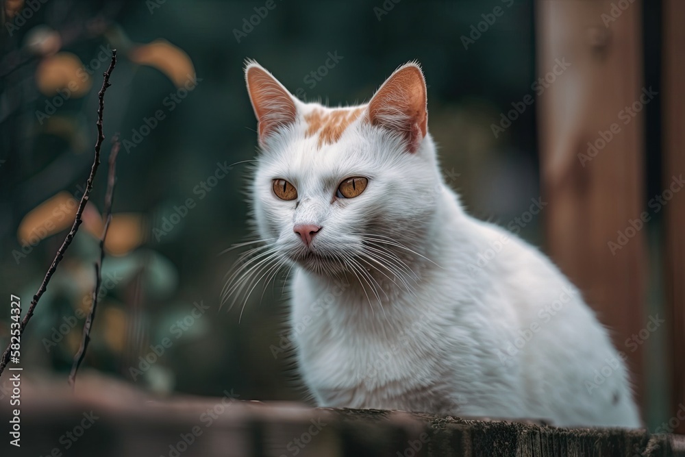 cat on a fence with a background of a photo. Generative AI cat on a fence with a background of a photo. Generative AI