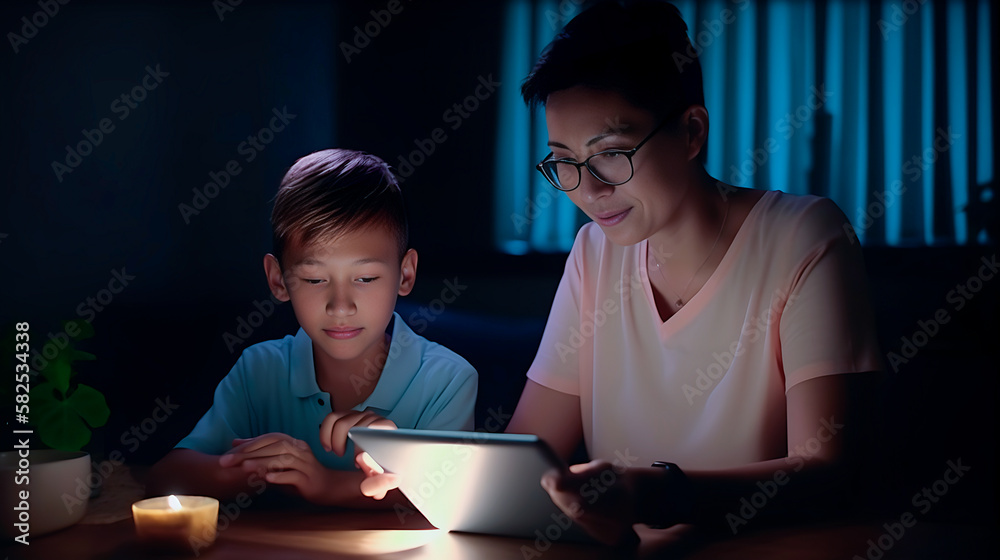 Mother and son with notebook using digital tablet at dining table. Copy space. Generative AI. 2 Mother and son with notebook using digital tablet at dining table. Copy space. Generative AI. 2