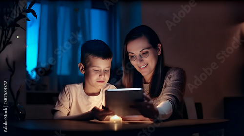 Mother and son with notebook using digital tablet at dining table. Copy space. Generative AI.  1 