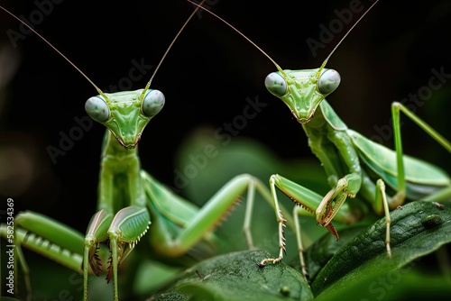 A beautiful pair of European mantis are seen up close ( Mantis religiosa ). Generative AI