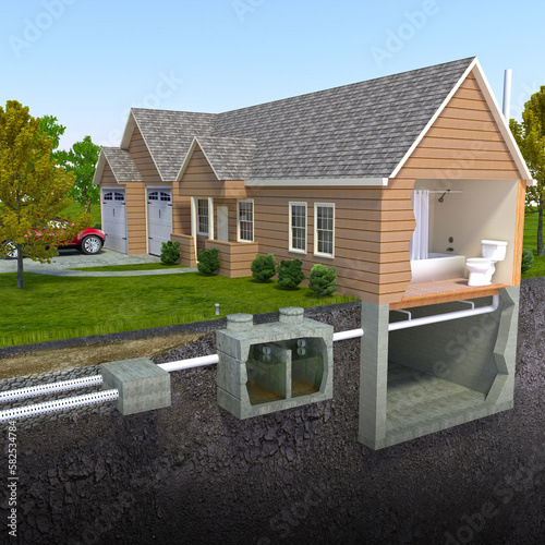 Septic Tank Diagram (No Text): An illustration of a contemporary septic tank system. The image depicts a process that begins with a flushing toilet and flows to an underground system of containment.
