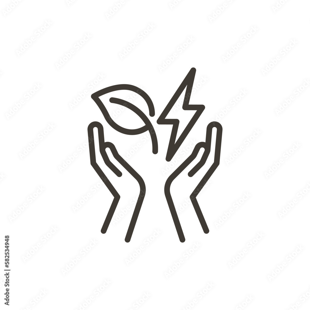 Leaf, plant hands and electricity vector thin line outline icon illustration. Image for electricity, saving energy, sustainability, renewable alternative energies Leaf, plant hands and electricity vector thin line outline icon illustration. Image for electricity, saving energy, sustainability, renewable alternative energies