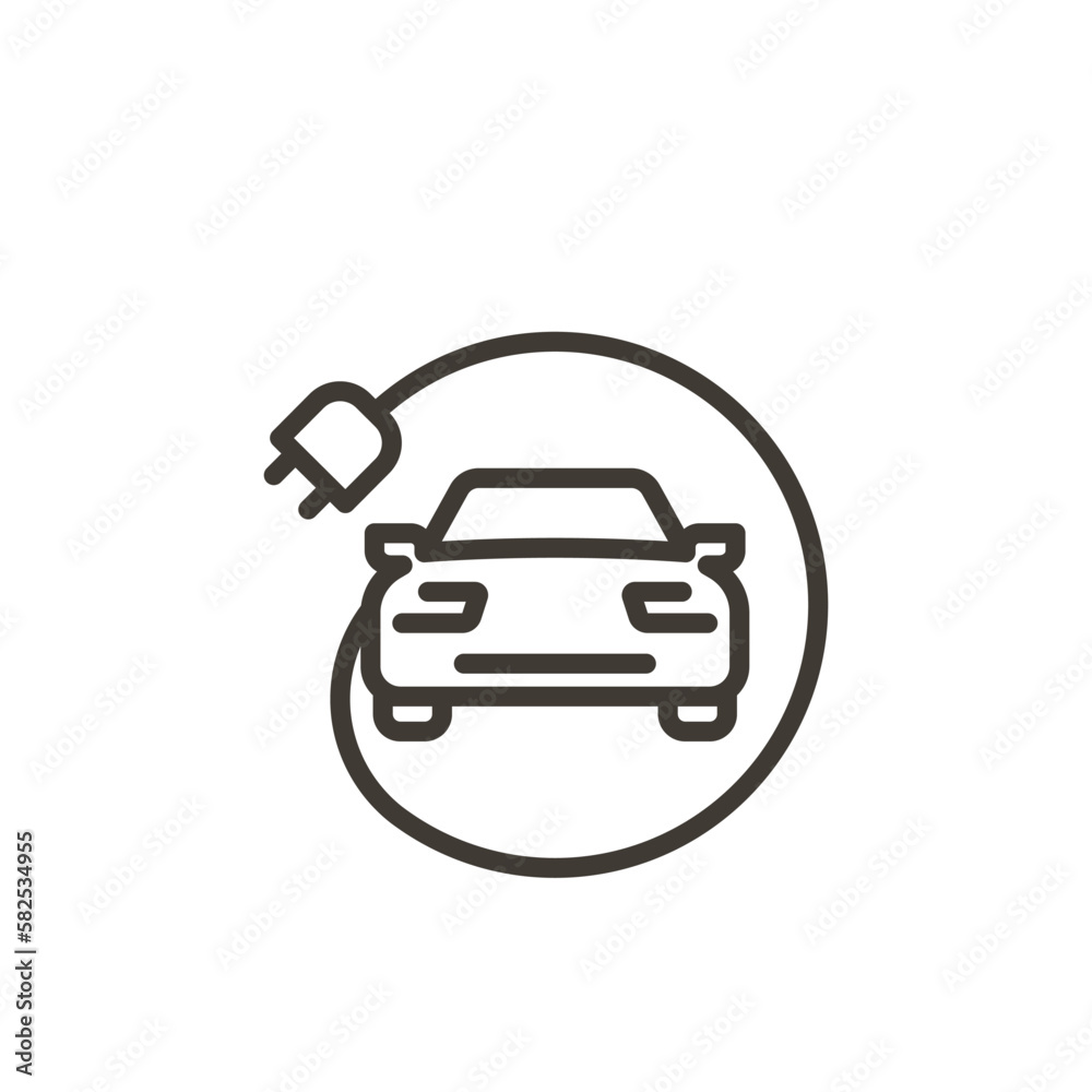 Electric car vector thin line icon. Outline illustration of electrical sustainable ecologic automobile with cable and plug charging symbol. Eco friendly Electric car vector thin line icon. Outline illustration of electrical sustainable ecologic automobile with cable and plug charging symbol. Eco friendly