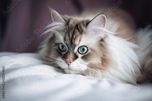 close up of a lovely fluffy multicolored cat on a bed. Generative AI