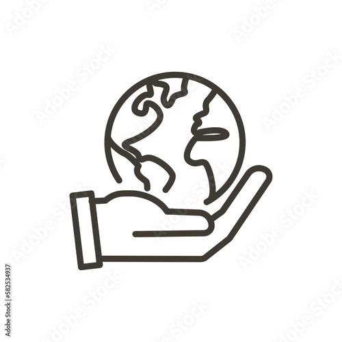 Hand holding planet earth globe vector thin line icon. Minimal illustration for concepts of environment awareness, ecology, traveling, freedom, globalization