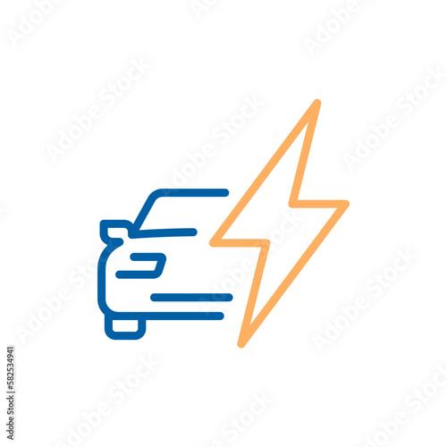 Electric car vector thin line icon. Outline illustration of electrical sustainable ecologic automobile with ev thunder symbol. Eco friendly