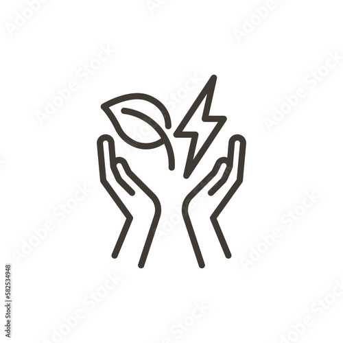 Leaf, plant hands and electricity vector thin line outline icon illustration. Image for electricity, saving energy, sustainability, renewable alternative energies
