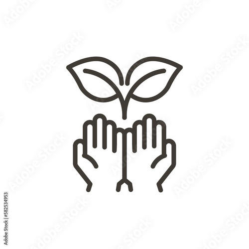 Hand with leaf plant sprout. Vector thin line icon outline illustration. Sustainability, environment, bio organic products and subjects