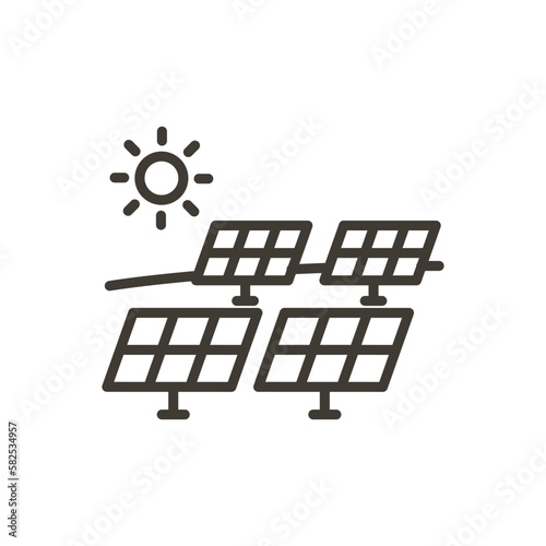 Solar panels vector thin line icon with the sun. Sustainable, eco friendly, alternative energies, future technology outline illustration