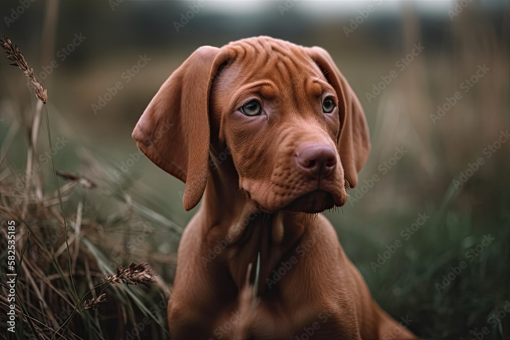 The mature Hungarian Vizsla puppy casts a far off glance. Generative AI The mature Hungarian Vizsla puppy casts a far off glance. Generative AI
