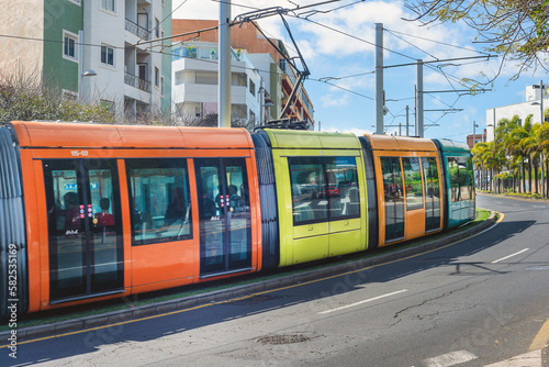 Tram circulating through the center of Santa Cruz de Tenerife city. Canary Islands.