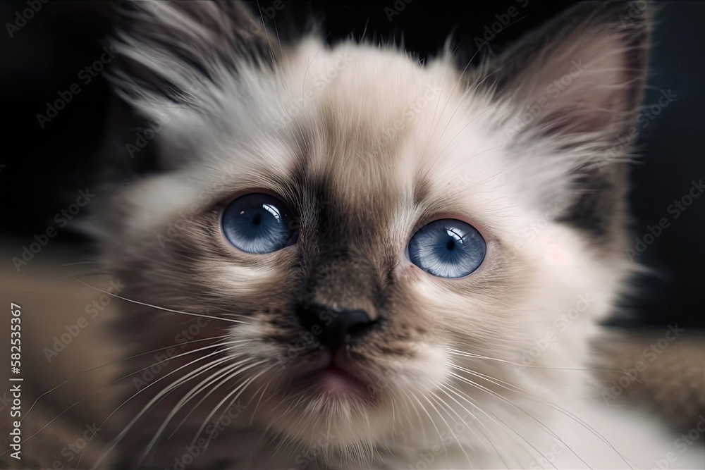 the sweetest and innocent newborn cat model. Scottish and Himalayan Blue Point origin. Blue eyes, a black nose, and white fur. Generative AI the sweetest and innocent newborn cat model. Scottish and Himalayan Blue Point origin. Blue eyes, a black nose, and white fur. Generative AI