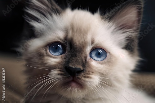 the sweetest and innocent newborn cat model. Scottish and Himalayan Blue Point origin. Blue eyes, a black nose, and white fur. Generative AI