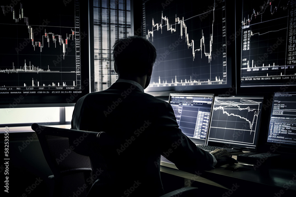 The back view of a trader who trades on the stock market, sits behind monitors with charts. Ai generative. The back view of a trader who trades on the stock market, sits behind monitors with charts. Ai generative.