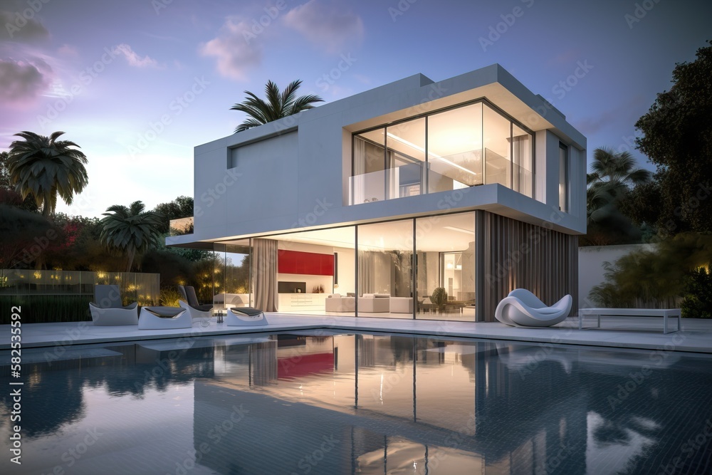 Contemporary villa with pool and garden in a sunny day, generative ai