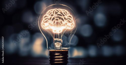 Light bulb with shape of human brain inside lighting. Creative concept of idea and innovation. Generative AI photo