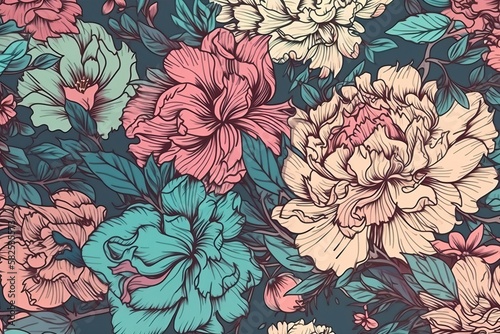 Blue and pink vintage floral pattern with a delicate luxury look, generative AI