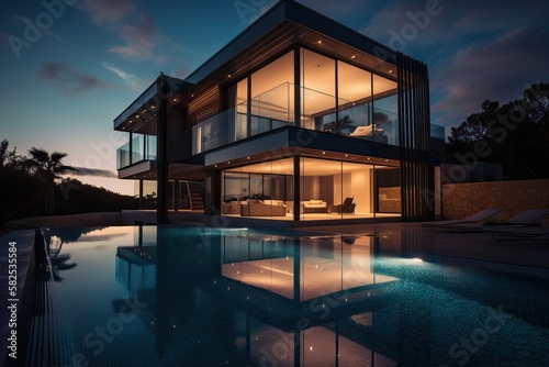 Contemporary villa with pool and garden at blue hour  generative ai