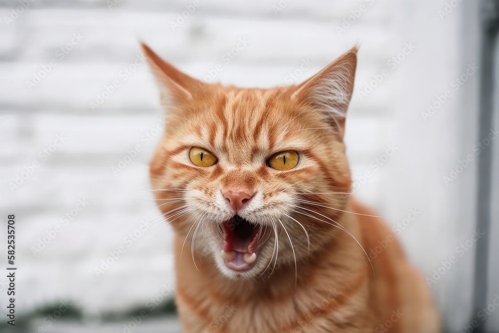 Adult ginger cat jumps and raises its paw against a white brick wall, making a hilarious face. Generative AI