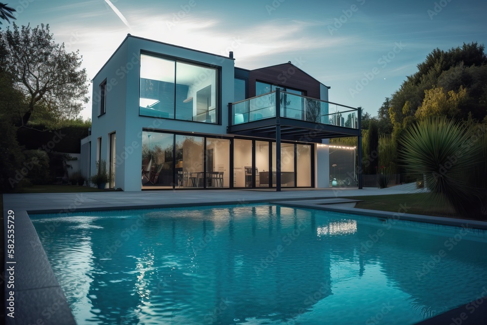 Modern luxury home with pool and garden at blue hour, generative ai