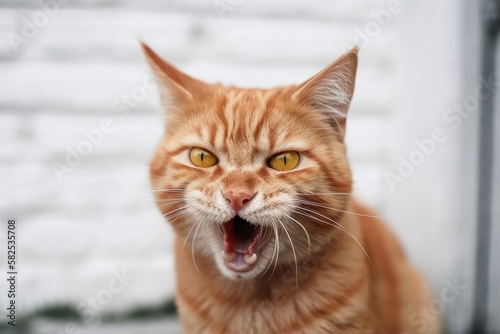 Adult ginger cat jumps and raises its paw against a white brick wall, making a hilarious face. Generative AI © AkuAku
