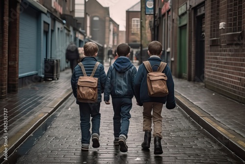 Three schoolboys walking on the street on the way to school, generative ai © FrankBoston
