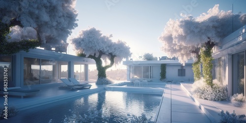 white summer house by the pool, generative ai