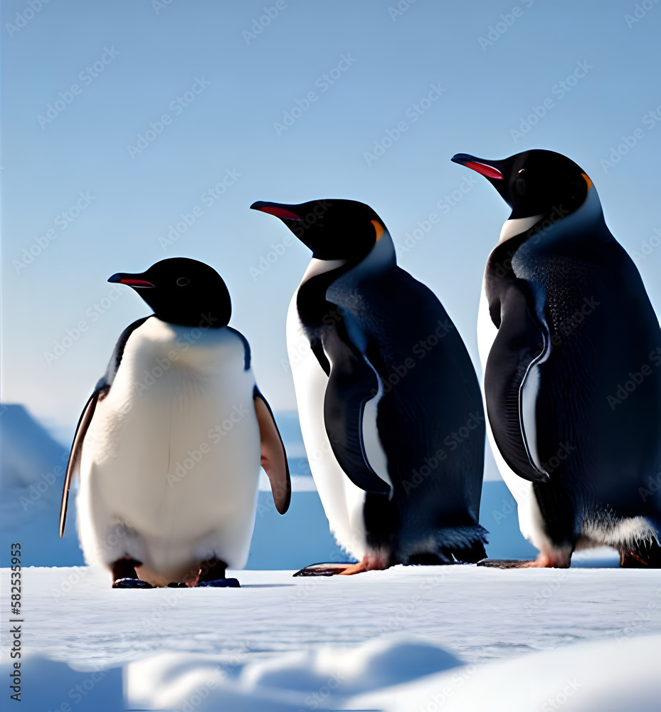 Fototapeta premium Penguin family of three looking into the distance
