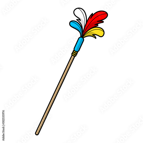 Cartoon cat feather toy. Cat teaser wand for indoor cats, kitten interactive training. Goods and accessories for pet shop. Care supplies for domestic animals. Vector isolated illustration.