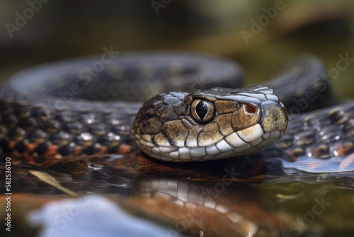 Viperine water snake or viperine snake (Natrix maura) juvenile macro portrait. Liguria is located in Italy. Generative AI