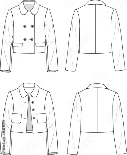Women's Peter Pan Collar Cropped Jacket Set. Technical fashion illustration. Front and back, white color. Women's CAD mock-up.