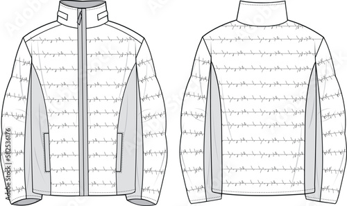 Unisex Quilted Puffer Jacket. Technical fashion illustration. Front and back, white color. Unisex CAD mock-up.