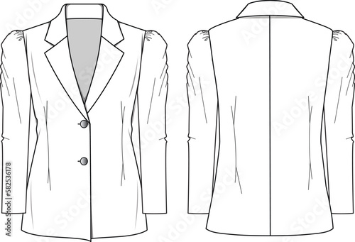 Women's Puff Sleeve Blazer Jacket- Technical fashion illustration. Front and back, white color. Women's CAD mock-up.